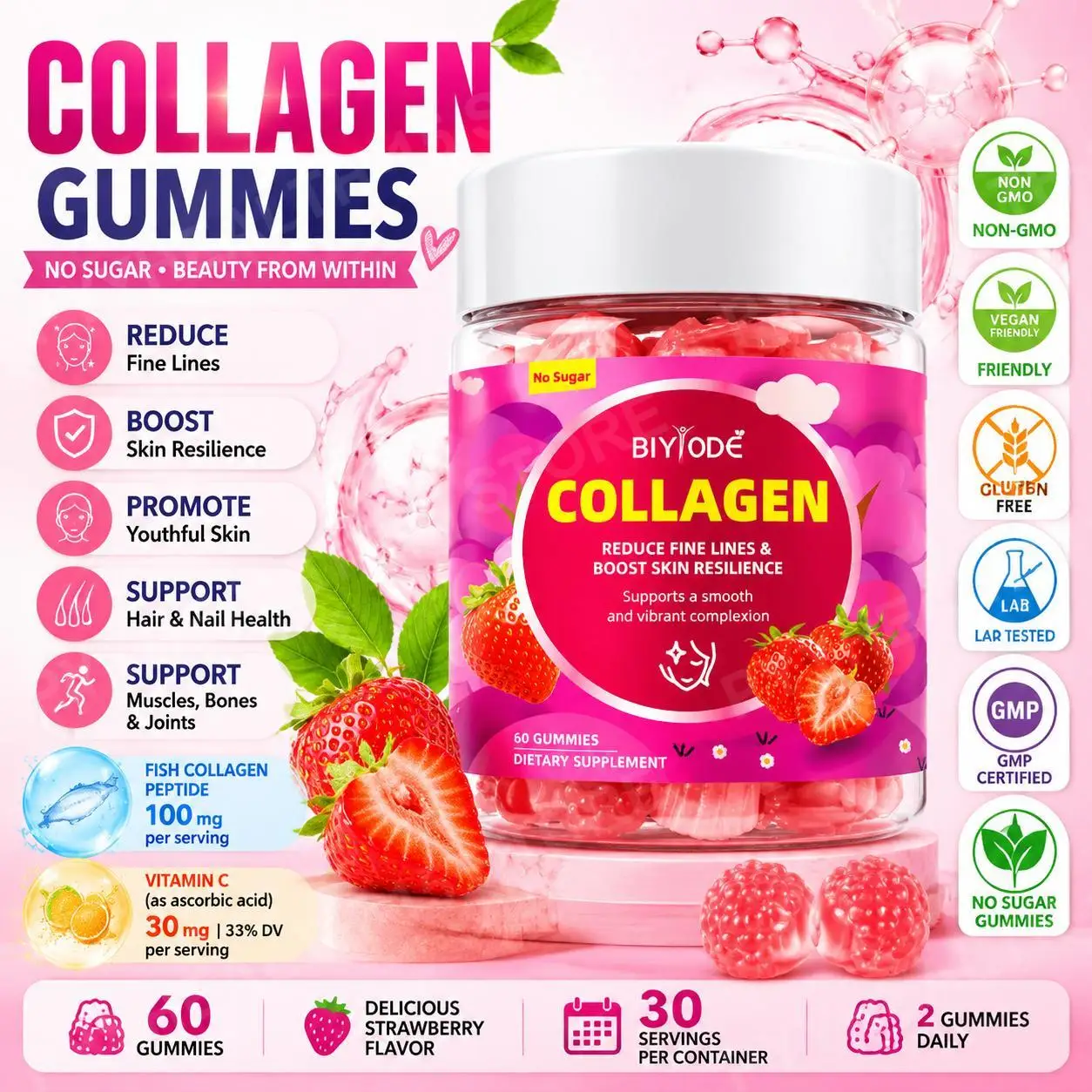 Fish Collagen Peptide Gummies with Vitamin C, Strawberry Flavor Beauty Nutrition Supplement, Hair Skin Nails Support, 60 Gummies
Fish Collagen Peptide Gummies with Vitamin C, Strawberry Flavor Beauty Nutrition Supplement, Hair Skin Nails Support, 60 Gummies