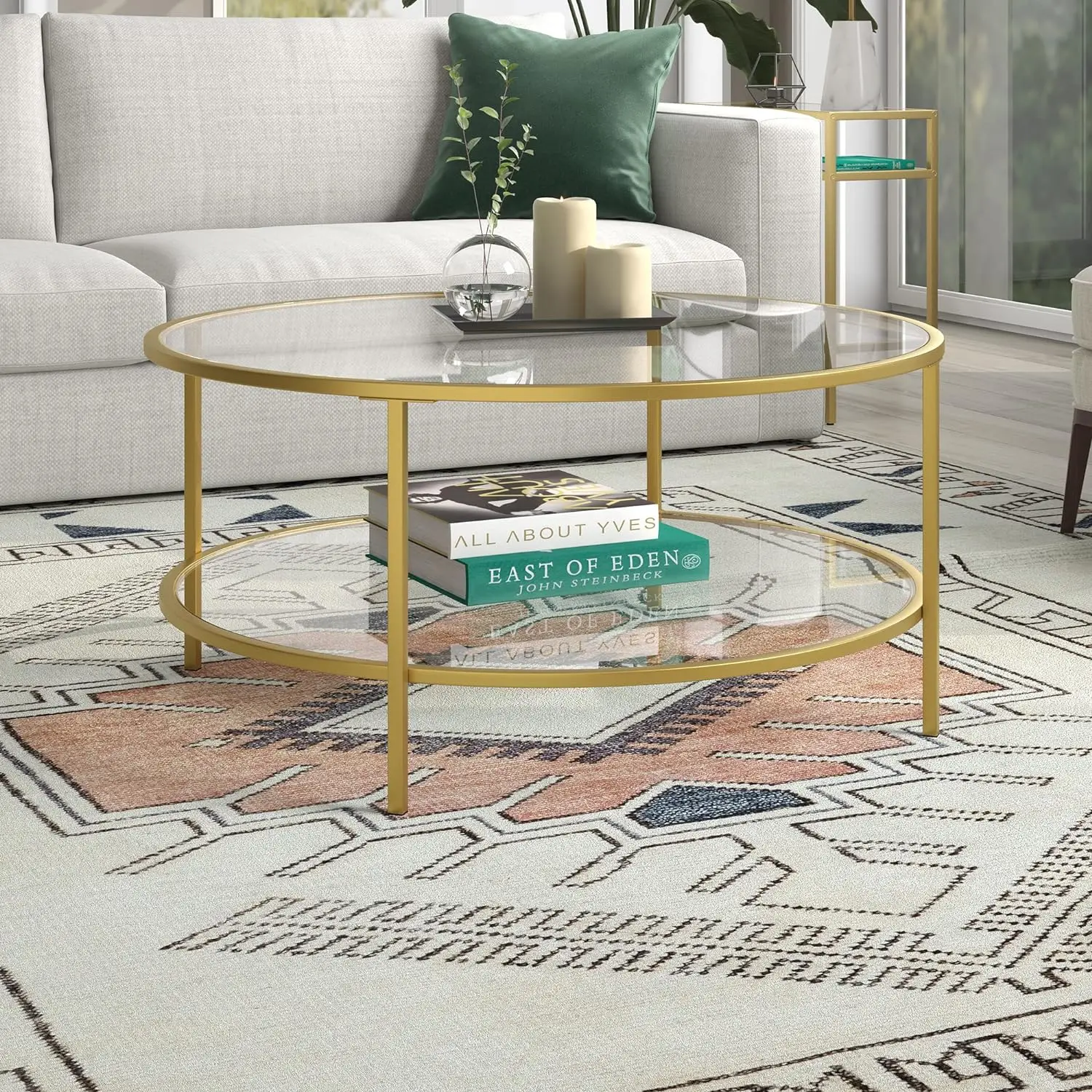36" Wide Round Coffee Table with Glass Top in Brass, Round Coffee Table for living room, studio apartment essentials
36" Wide Round Coffee Table with Glass Top in Brass, Round Coffee Table for living room, studio apartment essentials