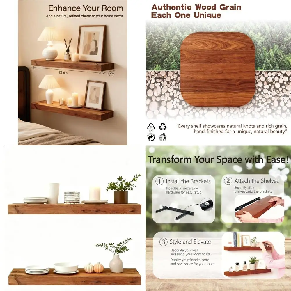 23.6 Solid Wood Floating Shelves with Hidden Brackets, Easy Install, Set of 2, for Living Room, Bedroom, Kitchen, Bronze
23.6 Solid Wood Floating Shelves with Hidden Brackets, Easy Install, Set of 2, for Living Room, Bedroom, Kitchen, Bronze