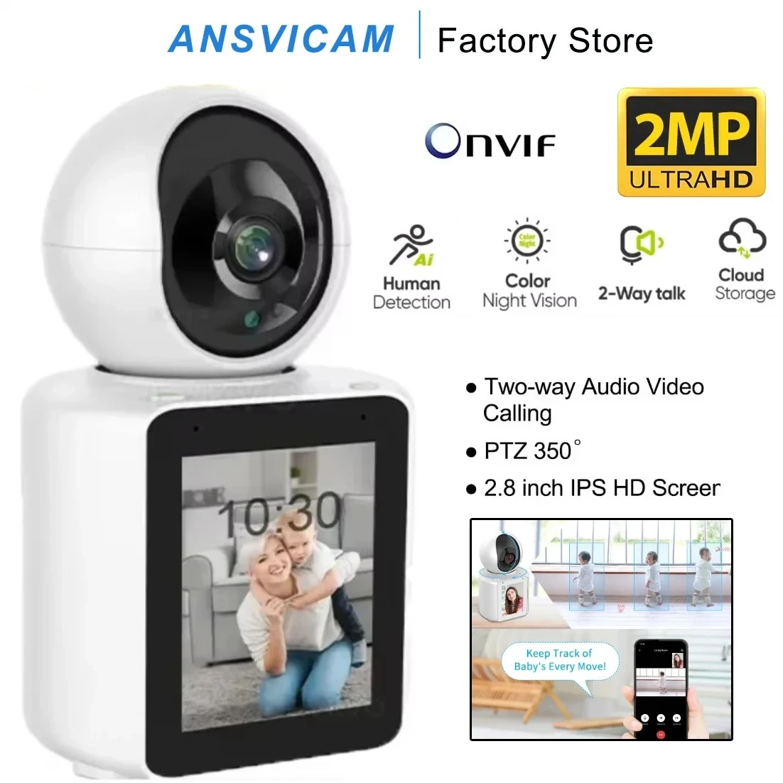 Видеоняня с Wi-Fi камерой 2 МП 1080P, двусторонняя голосовая связь, видеозвонки, AI-детектор движения, детектор плача, PTZ 350° ° Умный дом с защитой AI
Видеоняня с Wi-Fi камерой 2 МП 1080P, двусторонняя голосовая связь, видеозвонки, AI-детектор движения, детектор плача, PTZ 350° ° Умный дом с защитой AI