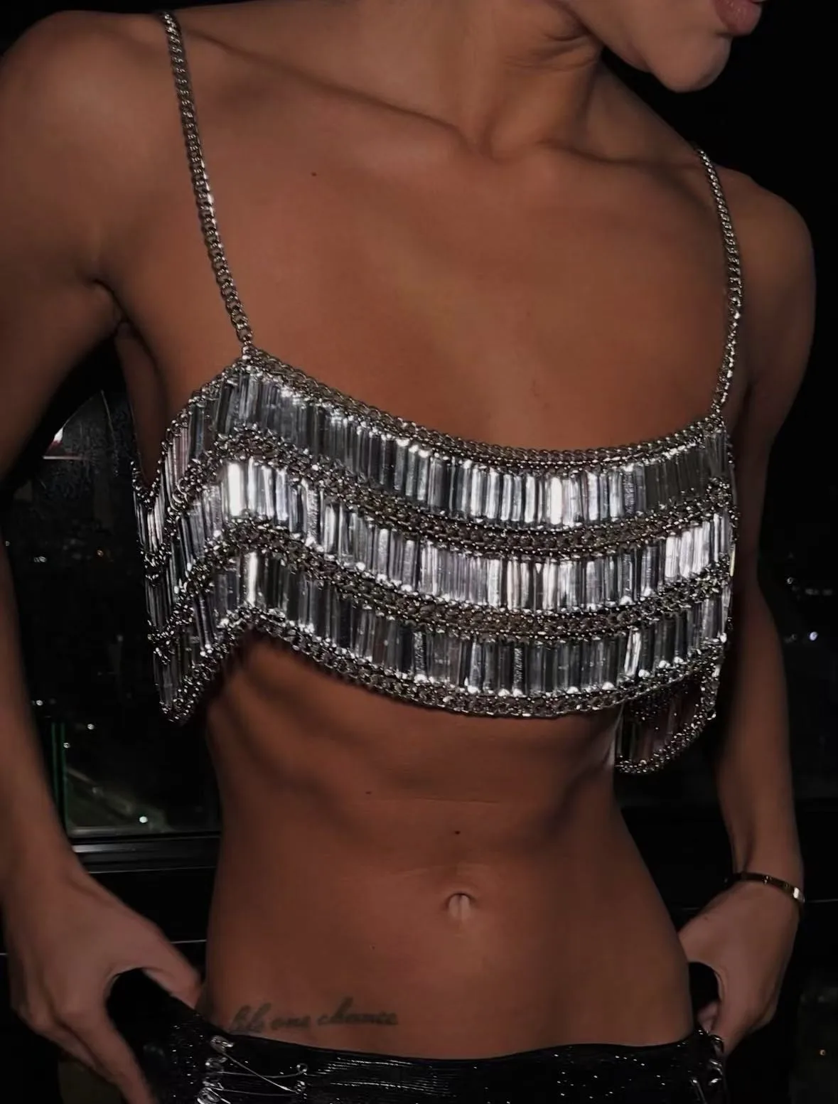 Women Silver Crystal Rectangle Bead Tank Top Body Chain Halter Crop Top Sexy Rave Clubwear Festival Outfit Party Jewelry Camis
Women Silver Crystal Rectangle Bead Tank Top Body Chain Halter Crop Top Sexy Rave Clubwear Festival Outfit Party Jewelry Camis