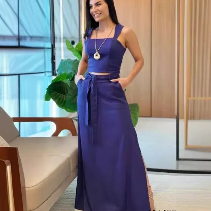 Women's Summer Korean Fashion Solid Color Casual Two-piece Set Bare Navel Slim-fit Halter Top + Lace-up Slit Half Body Skirt Set
Women's Summer Korean Fashion Solid Color Casual Two-piece Set Bare Navel Slim-fit Halter Top + Lace-up Slit Half Body Skirt Set