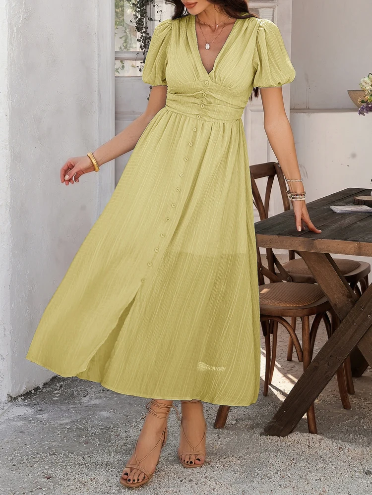 V-neck High Waist Short Puff sleeve Women Dresses 2025 Summer Personality Slit Holiday Style Leisure Beach Dress
V-neck High Waist Short Puff sleeve Women Dresses 2025 Summer Personality Slit Holiday Style Leisure Beach Dress
