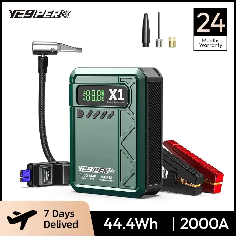 YESPER Car Jump Starter with Air Compressor, 2000A Peak 12V Battery Jumper Pack, 150PSI Digital Tire Inflator Portable Power Box
YESPER Car Jump Starter with Air Compressor, 2000A Peak 12V Battery Jumper Pack, 150PSI Digital Tire Inflator Portable Power Box