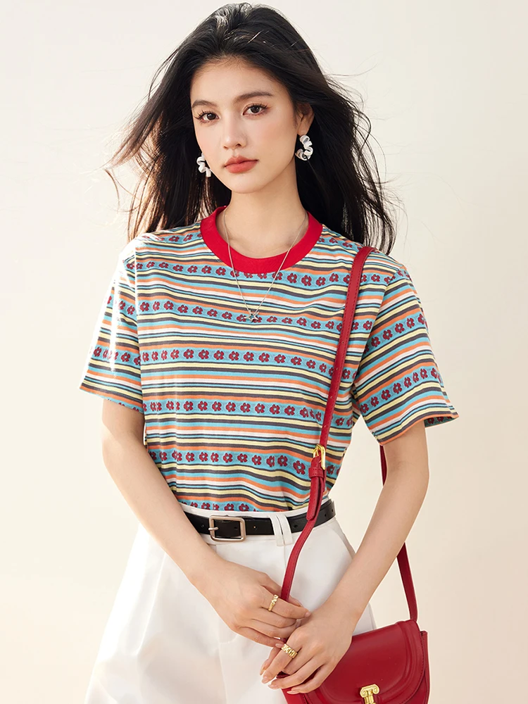 Women T-Shirt 2025 Summer New Contrasting Color Striped Short Sleeve T-shirts Fashion O-Neck Top Sweet Casual Pullover
Women T-Shirt 2025 Summer New Contrasting Color Striped Short Sleeve T-shirts Fashion O-Neck Top Sweet Casual Pullover