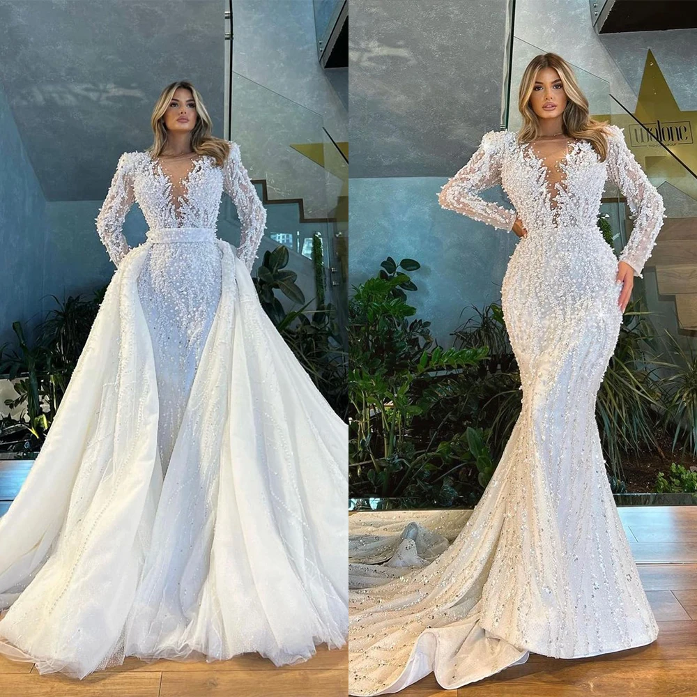 Vintage Full Beads Mermaid Wedding Dress with Detachable Train Sheer Neck Long Sleeve Crystal 3D Lace Appliques Bridal Gowns
Vintage Full Beads Mermaid Wedding Dress with Detachable Train Sheer Neck Long Sleeve Crystal 3D Lace Appliques Bridal Gowns