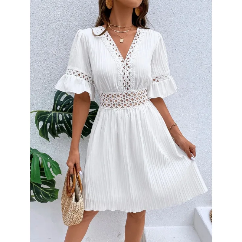 Women's V Neck Ruffle Short Sleeve A Line Dress Casual Boho Lace Insert Knee Length Dresses Women's Clothing
Women's V Neck Ruffle Short Sleeve A Line Dress Casual Boho Lace Insert Knee Length Dresses Women's Clothing