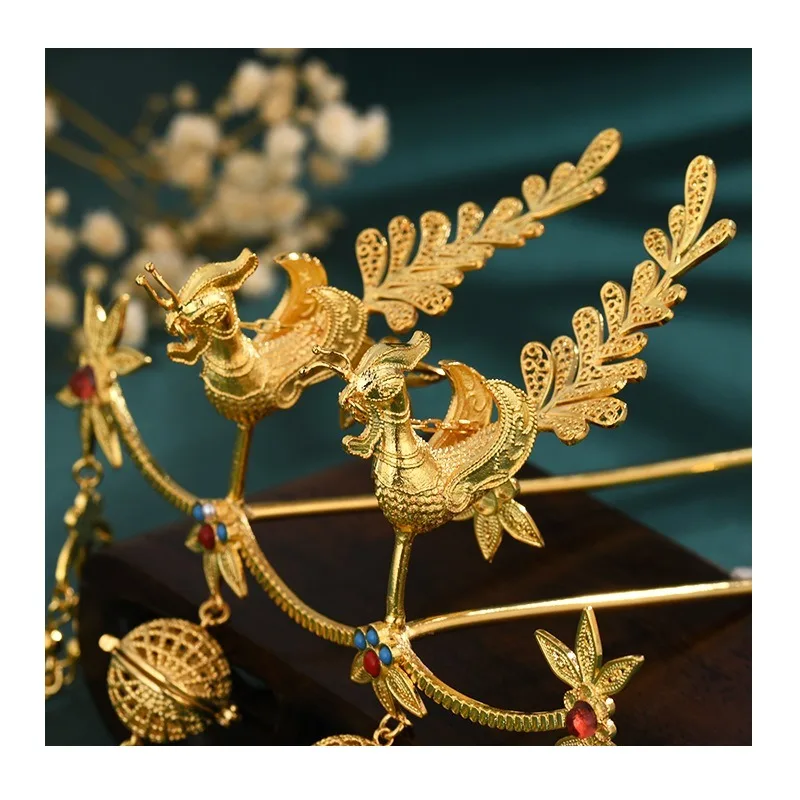 Tang Dynasty Hefu Ladies Tassel Step Headdress Hanfu Ancient Hairpin Pure Copper Gold-plated Double Phoenix Bridal Hair Crown He
Tang Dynasty Hefu Ladies Tassel Step Headdress Hanfu Ancient Hairpin Pure Copper Gold-plated Double Phoenix Bridal Hair Crown He