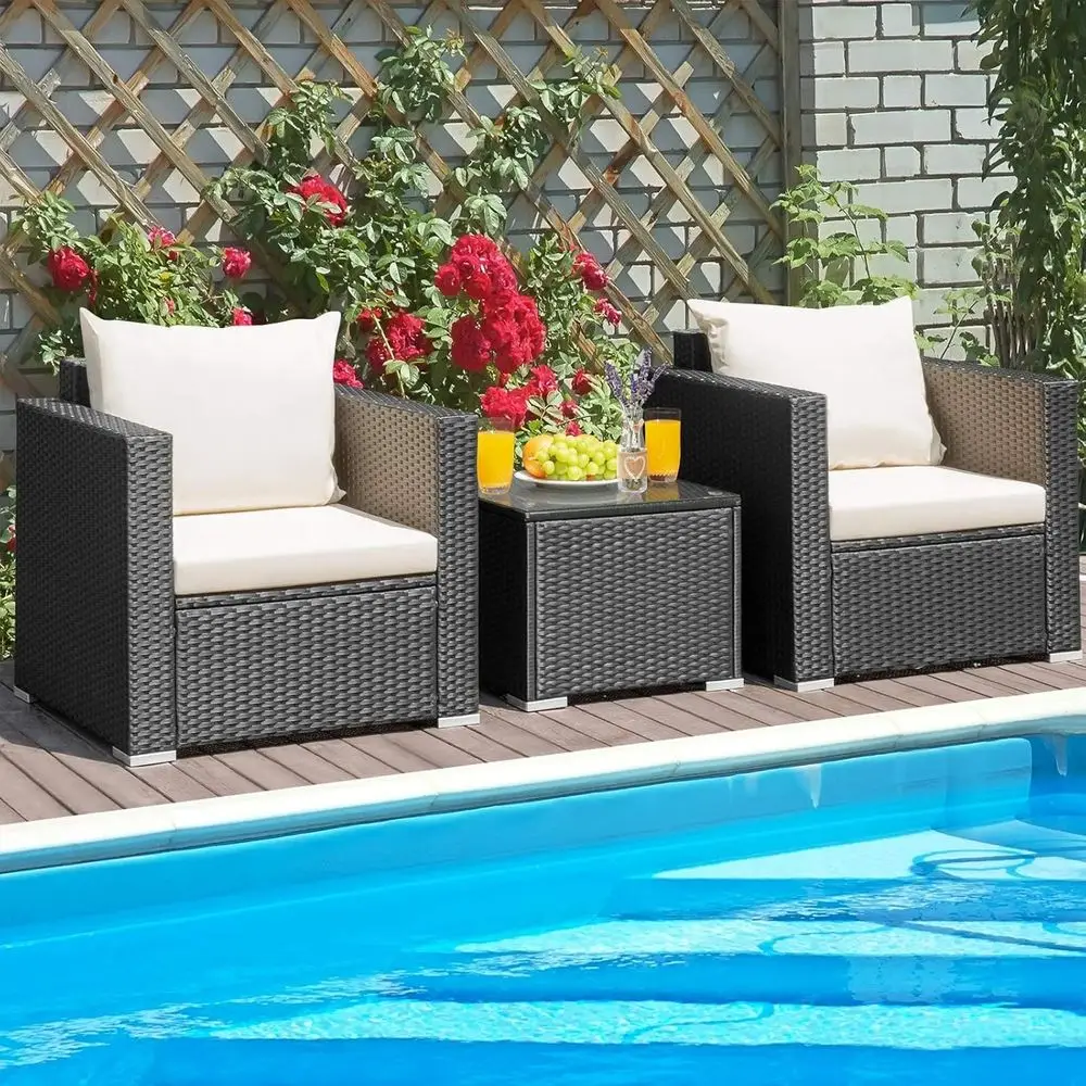 3-Piece Rattan Patio Furniture Set with PE Wicker, Coffee Table, and Cushions for Outdoor, Garden, Balcony, or Poolside Use
3-Piece Rattan Patio Furniture Set with PE Wicker, Coffee Table, and Cushions for Outdoor, Garden, Balcony, or Poolside Use
