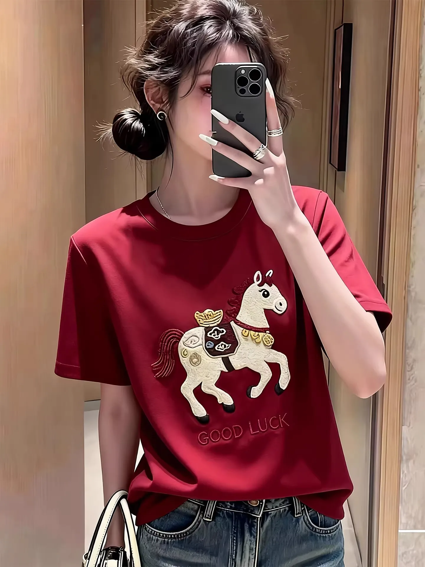 Red Pattern Printed Pure Cotton Short Sleeve T-Shirt Women Summer Slimming Large Size Inner Wear Casual round Neck Top
Red Pattern Printed Pure Cotton Short Sleeve T-Shirt Women Summer Slimming Large Size Inner Wear Casual round Neck Top