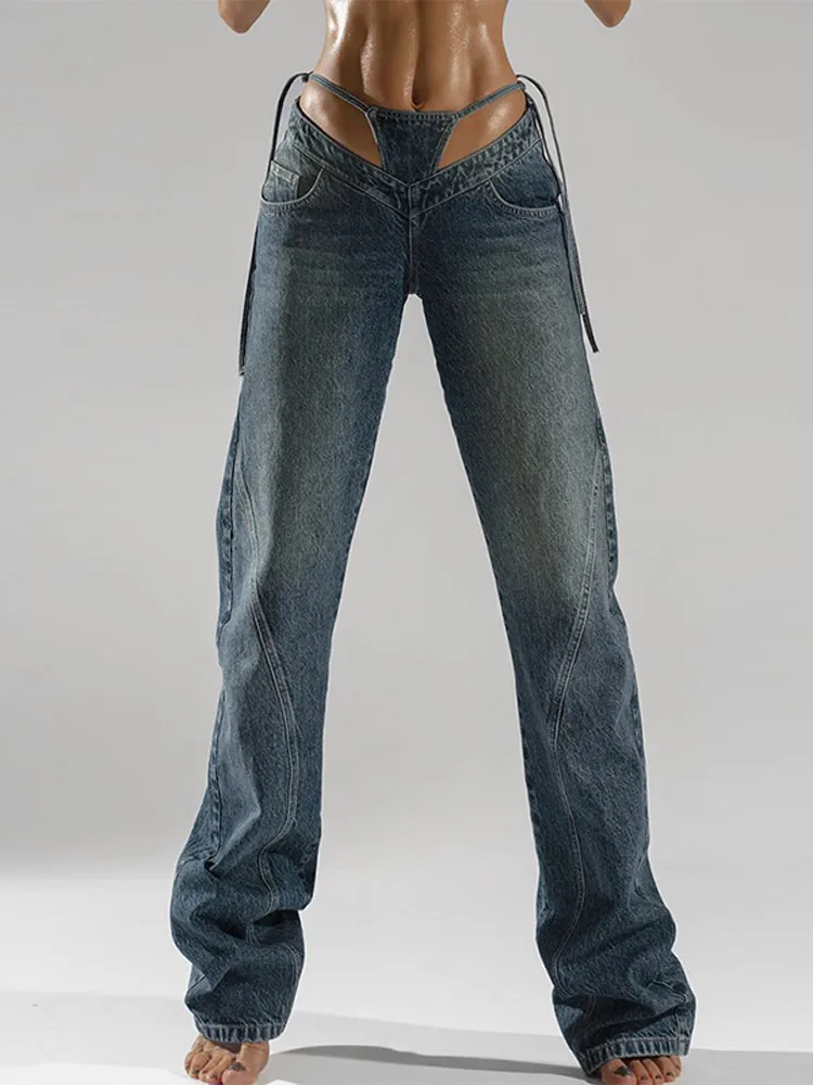 Stylish Women's Low Rise Wide-Leg Denim Jeans Pant with Thong-Style Waist Detail Vintage Casual Daily Streetwear Female Trousers
Stylish Women's Low Rise Wide-Leg Denim Jeans Pant with Thong-Style Waist Detail Vintage Casual Daily Streetwear Female Trousers