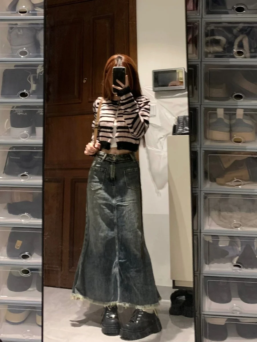 Retro High Waist A-Line Skirt Women's Summer Thin Denim Fi Tail Skirt Wrap around Skirts Korean Sle Pure Color 
Retro High Waist A-Line Skirt Women's Summer Thin Denim Fi Tail Skirt Wrap around Skirts Korean Sle Pure Color