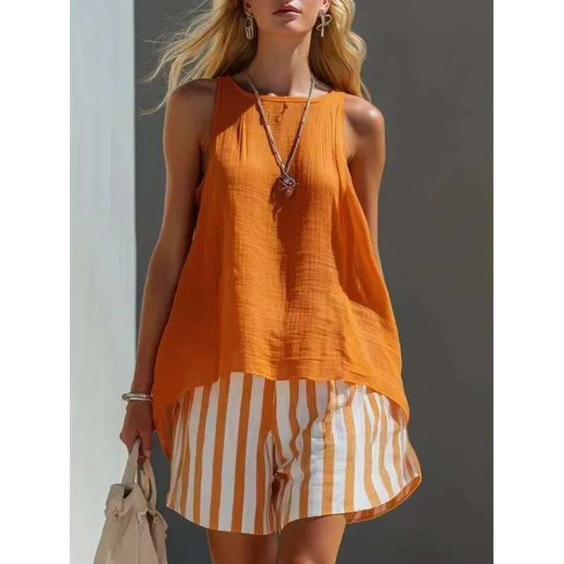 Women Summer Sleeveless Tank Top Striped Loose Shorts 2 Piece Outfit Elegant Casual Vacation Linen Matching Set Ladies Holiday
Women Summer Sleeveless Tank Top Striped Loose Shorts 2 Piece Outfit Elegant Casual Vacation Linen Matching Set Ladies Holiday