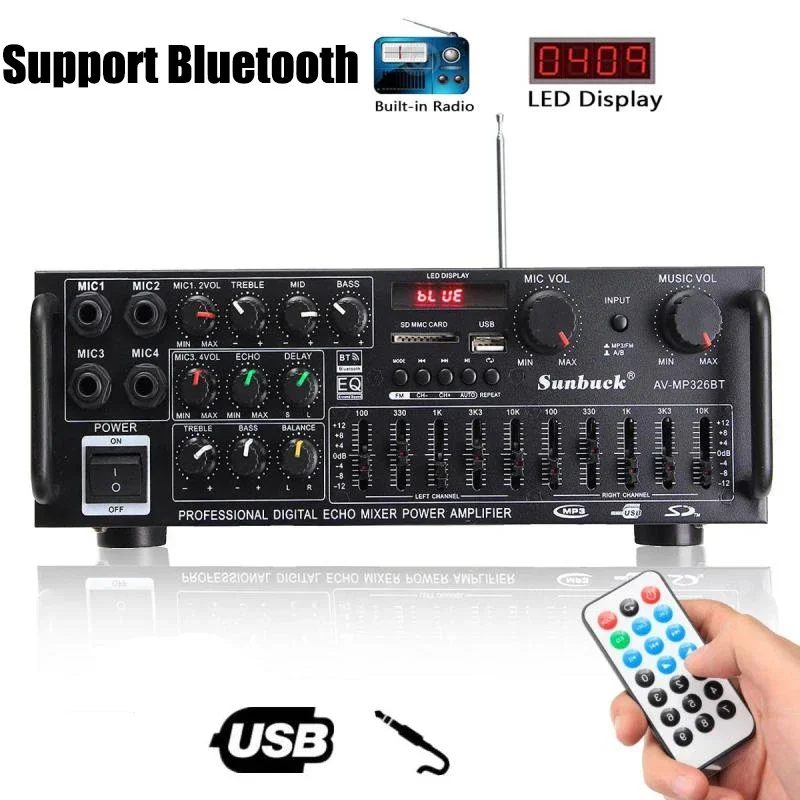 2000W Audio Power HiFi Amplifier 326BT 12V/220V AV Amp Speaker With Remote Control for Car Home Support Bluetooth 2.0 Channel
2000W Audio Power HiFi Amplifier 326BT 12V/220V AV Amp Speaker With Remote Control for Car Home Support Bluetooth 2.0 Channel
