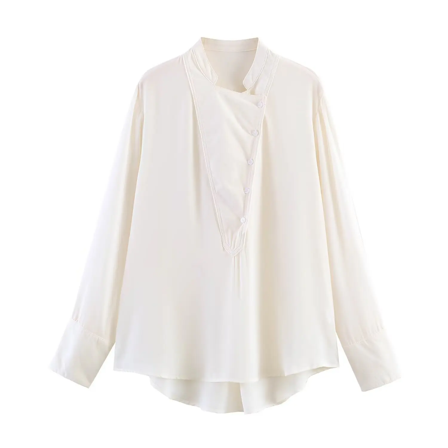 European and American style 2026 new summer women's asymmetrical arc hem long-sleeved round neck single-breasted drape shirt
European and American style 2026 new summer women's asymmetrical arc hem long-sleeved round neck single-breasted drape shirt