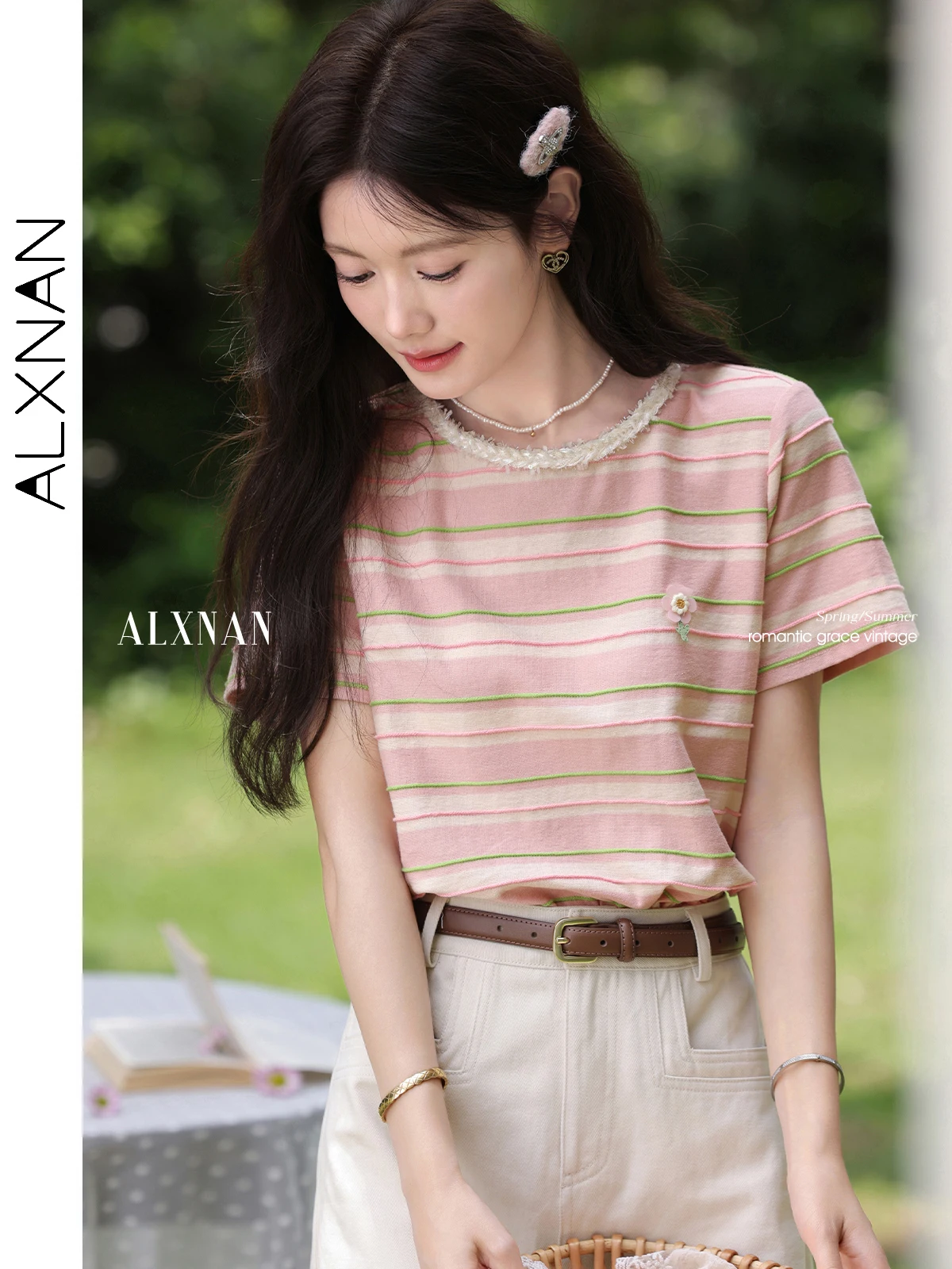 ALXNAN Women's Striped T-shirt Cotton 100℅ Pink Sweet T-shirt 2025 Summer Casual Loose-fit Office Lady Short Sleeve Tops L557121
ALXNAN Women's Striped T-shirt Cotton 100℅ Pink Sweet T-shirt 2025 Summer Casual Loose-fit Office Lady Short Sleeve Tops L557121