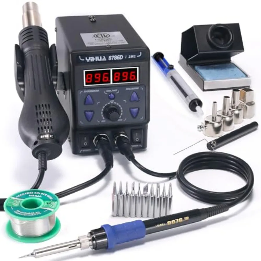 8786D I 2 in 1 Hot Air Rework and Soldering Iron Station with 10 Solder Iron Tips, 4 Hot Air Nozzles, °F/°C, Cool/Hot Air Conve
8786D I 2 in 1 Hot Air Rework and Soldering Iron Station with 10 Solder Iron Tips, 4 Hot Air Nozzles, °F/°C, Cool/Hot Air Conve