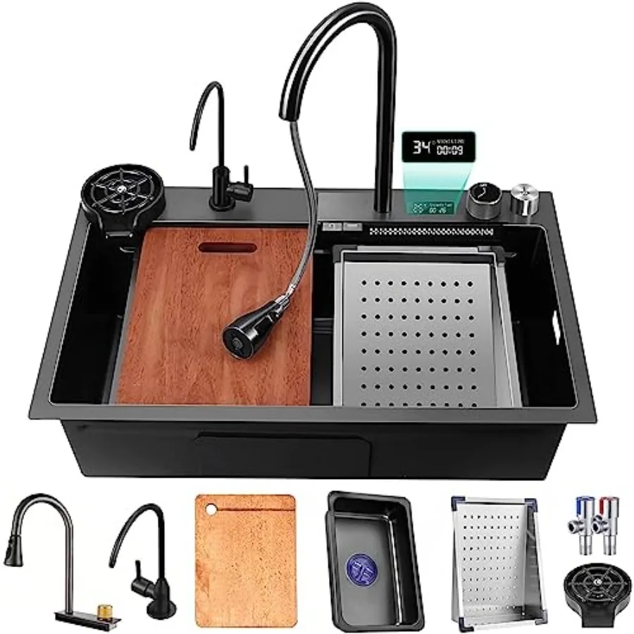 Black Nano Kitchen Sink, Stainless Steel Waterfall Sink with Pull Down Sprayhead Faucet, Single Bowl Drop In, 29.5 x 18 IN
Black Nano Kitchen Sink, Stainless Steel Waterfall Sink with Pull Down Sprayhead Faucet, Single Bowl Drop In, 29.5 x 18 IN