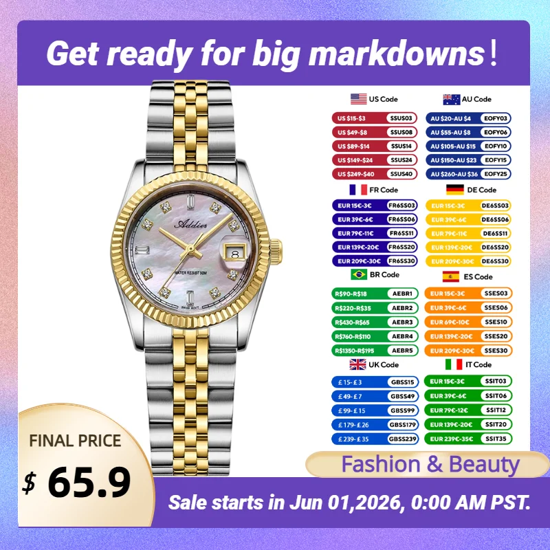Addies Ladies Dress Watch Swiss 585 Movement Mother-Of-Pearl Dial 28mm Sapphire Czech RhinestoneWaterproof Women Quartz Watch
Addies Ladies Dress Watch Swiss 585 Movement Mother-Of-Pearl Dial 28mm Sapphire Czech RhinestoneWaterproof Women Quartz Watch