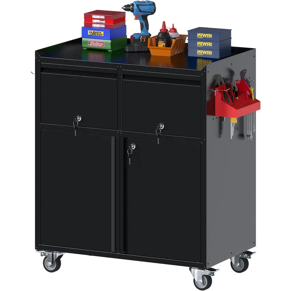 Black Rolling Metal Tool Cabinet with Adjustable Shelves, 2 Drawers & 2 Doors for Garage and Workshop
Black Rolling Metal Tool Cabinet with Adjustable Shelves, 2 Drawers & 2 Doors for Garage and Workshop