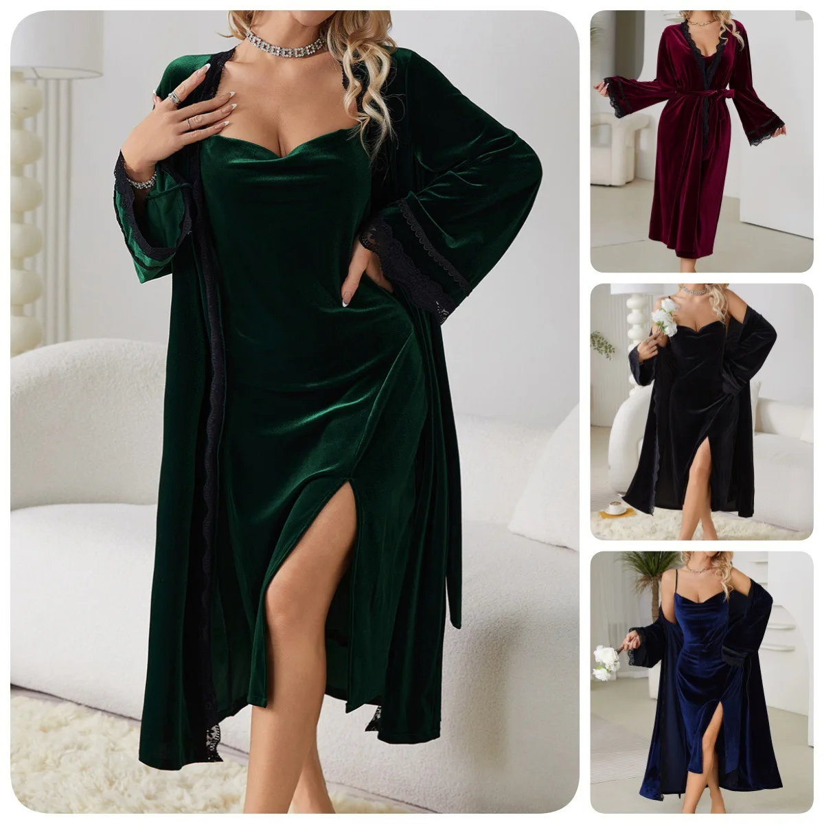 Velour Lace Patchwork Robe Suit Women Nightgown Autumn Winter Warm Sleepwear Lingerie 2Pcs Kimono Gown Long Bathrobe Homewear
Velour Lace Patchwork Robe Suit Women Nightgown Autumn Winter Warm Sleepwear Lingerie 2Pcs Kimono Gown Long Bathrobe Homewear