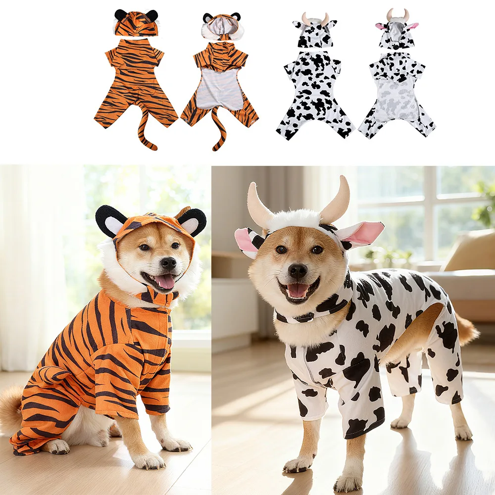 Tiger & Cow Print Dog Costume Pet Cosplay Jumpsuit for Small Medium Dogs Cat Halloween Party Outfit Soft Warm Dog Clothes
Tiger & Cow Print Dog Costume Pet Cosplay Jumpsuit for Small Medium Dogs Cat Halloween Party Outfit Soft Warm Dog Clothes