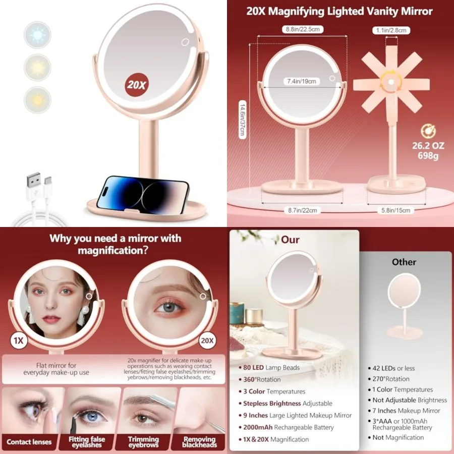 Makeup Mirror with Lights, 20X Magnifying Mirror with Light and Touch Switch, Vanity Mirror with 3 Color Light and 80 LEDs, 2-S
Makeup Mirror with Lights, 20X Magnifying Mirror with Light and Touch Switch, Vanity Mirror with 3 Color Light and 80 LEDs, 2-S