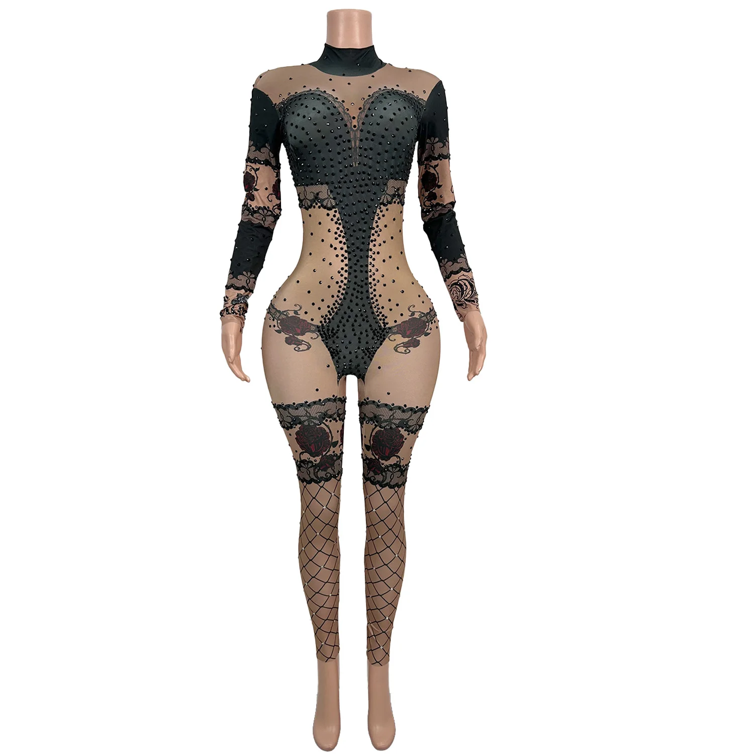 Women Printed Long Sleeved Jumpsuit Black Rhinestone High Stretch Spandex Large-Sized Jumpsuit Pole Dance Nightclub Leggings 
Women Printed Long Sleeved Jumpsuit Black Rhinestone High Stretch Spandex Large-Sized Jumpsuit Pole Dance Nightclub Leggings