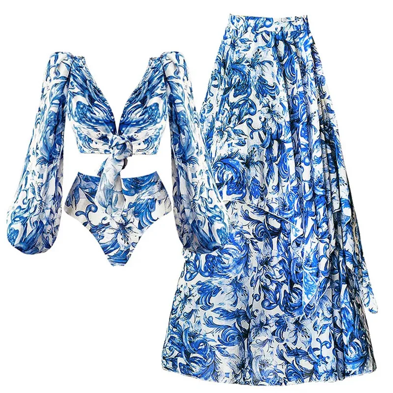 One-piece Women Swimwear Polyester Swimsuit Blue Printed Bikini Set Beach Vacation Style Wear Maxi Dress Skirt
One-piece Women Swimwear Polyester Swimsuit Blue Printed Bikini Set Beach Vacation Style Wear Maxi Dress Skirt