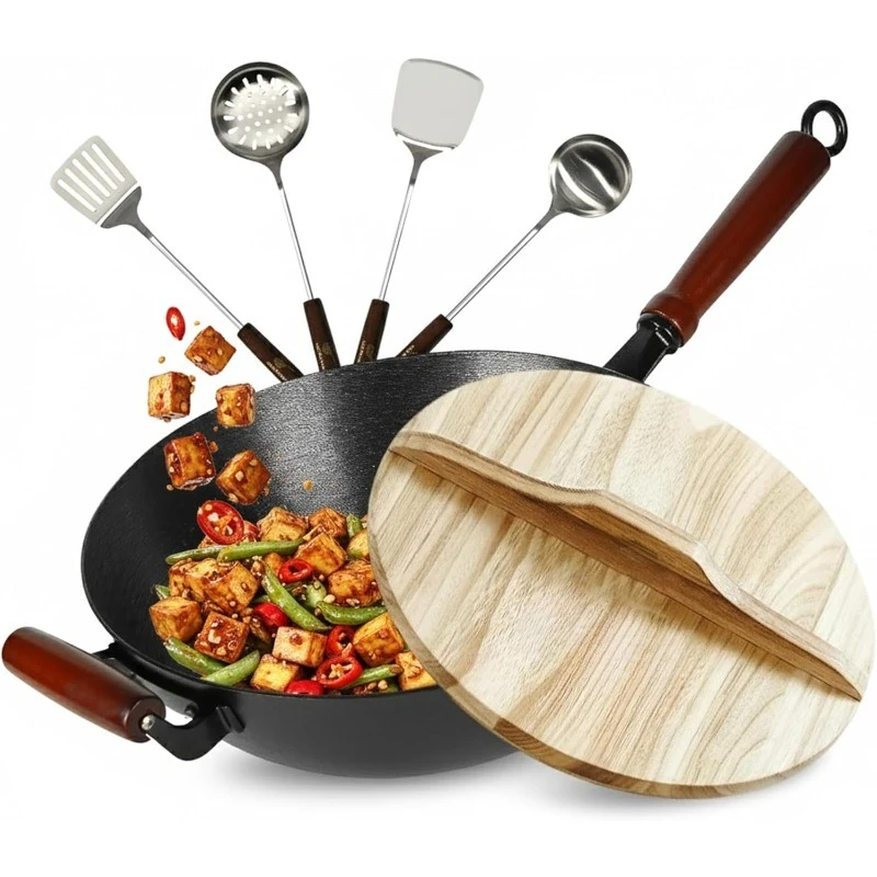 Предварительно приправленная чугунная сковорода для жарки с антипригарным покрытием | Ручки и 4 лопатки | Вок с плоским дном, деревянной крышкой и деревянной ручкой
Предварительно приправленная чугунная сковорода для жарки с антипригарным покрытием | Ручки и 4 лопатки | Вок с плоским дном, деревянной крышкой и деревянной ручкой