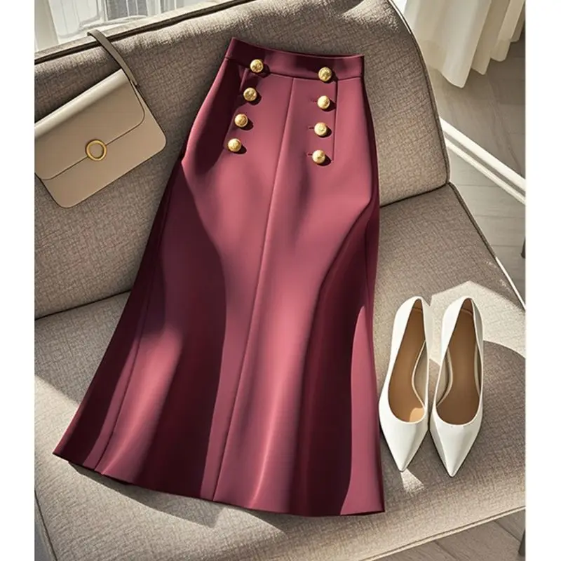 Spring Fall Women High Waisted Double Breasted Wine Red Mermaid Skirt , Woman Summer Elegant Clothing Slim Trumpet Skirts
Spring Fall Women High Waisted Double Breasted Wine Red Mermaid Skirt , Woman Summer Elegant Clothing Slim Trumpet Skirts