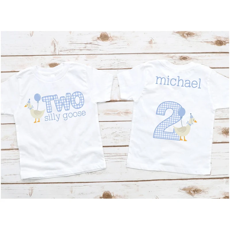 Silly Goose Shirt for 2nd Birthday Boy - Vintage Goose on The Loose, Birthday Boy T Shirt Personalized Name on Back Blue Gingham
Silly Goose Shirt for 2nd Birthday Boy - Vintage Goose on The Loose, Birthday Boy T Shirt Personalized Name on Back Blue Gingham