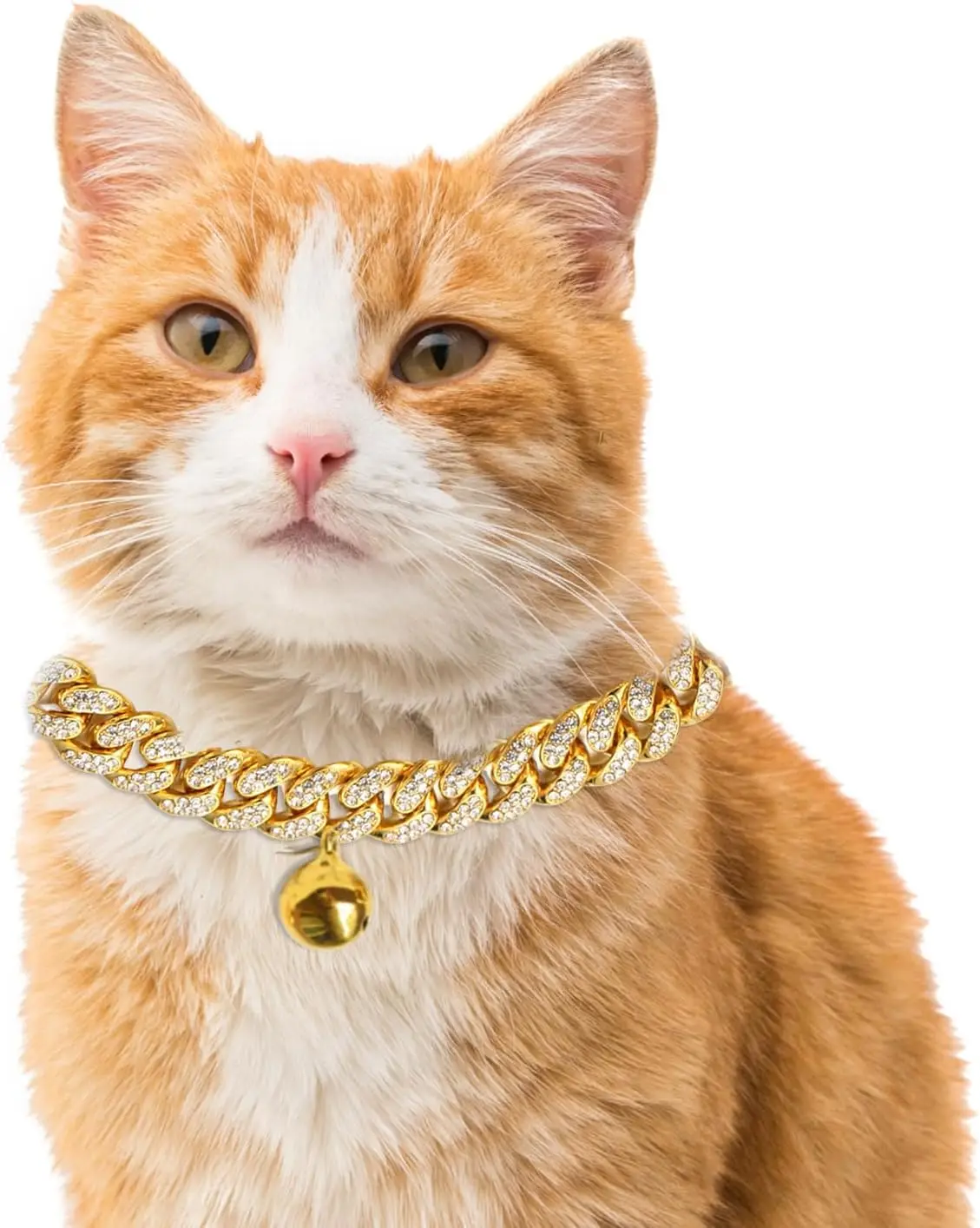 Ошейник для кошки с золотой цепочкой Cuban Link, инкрустированной бриллиантами, с колокольчиком - позолота 18 карат, только для декоративного использования
Ошейник для кошки с золотой цепочкой Cuban Link, инкрустированной бриллиантами, с колокольчиком - позолота 18 карат, только для декоративного использования