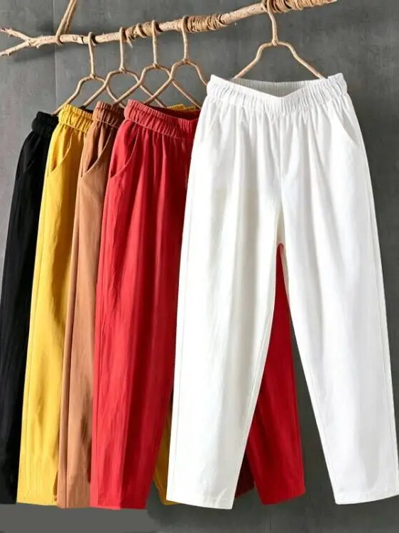 Cotton Blend Loose Fit Harem Pants Thin Summer Casual Trousers for Women Breathable Comfortable High Waist Elastic Waistband
Cotton Blend Loose Fit Harem Pants Thin Summer Casual Trousers for Women Breathable Comfortable High Waist Elastic Waistband