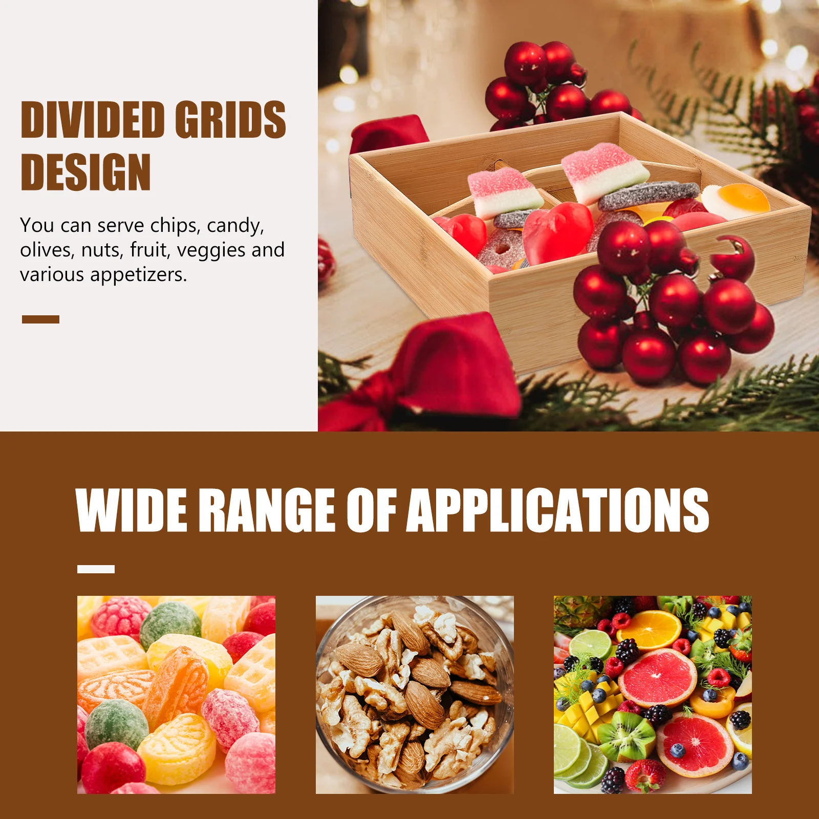 Bamboo Snack Tray Divided Sections Fruits Nuts Candy Serving Party Wooden Dry Organizer Fruit Plate Kitchen Bar Storage
Bamboo Snack Tray Divided Sections Fruits Nuts Candy Serving Party Wooden Dry Organizer Fruit Plate Kitchen Bar Storage