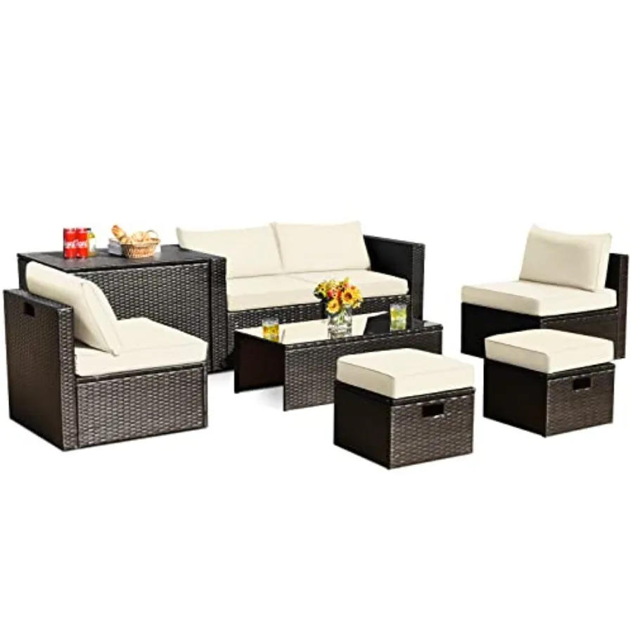 8-Piece Patio Furnie Set - PE Wier Conversation Set w/Chions, Pillows, Tempe Glable, Storage Box, Outdoor Sectional Sofa Set fo
8-Piece Patio Furnie Set - PE Wier Conversation Set w/Chions, Pillows, Tempe Glable, Storage Box, Outdoor Sectional Sofa Set fo