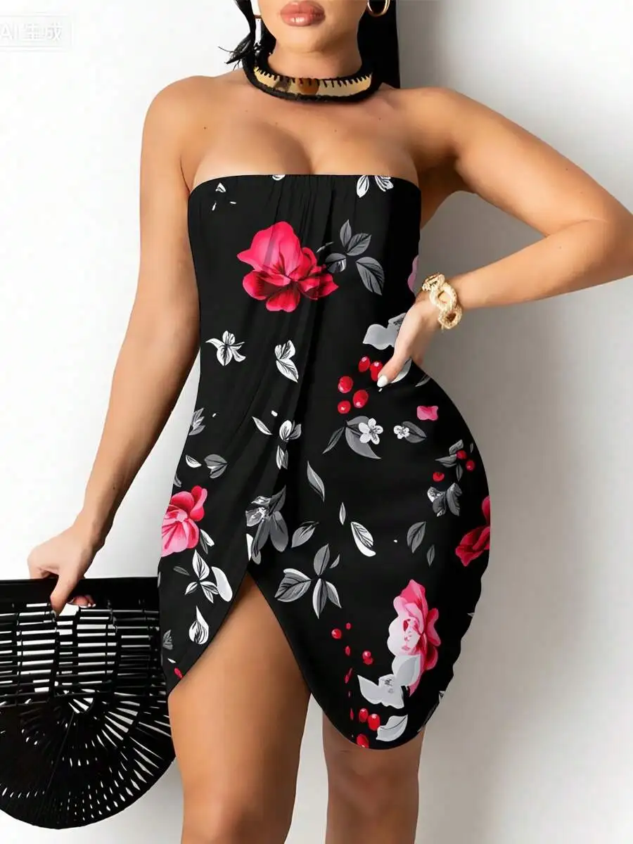 Strapless Floral Print Bodycon Dress With Slit Summer Party Wear
Strapless Floral Print Bodycon Dress With Slit Summer Party Wear