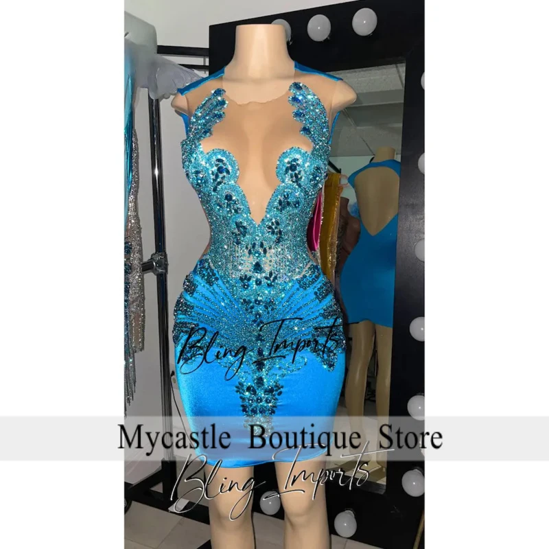 Bright Blue Sheer Mesh Crystal Beaded Mini Cocktail Dress Sleeveless Deep V Neck Prom Party Gown Customized
Bright Blue Sheer Mesh Crystal Beaded Mini Cocktail Dress Sleeveless Deep V Neck Prom Party Gown Customized