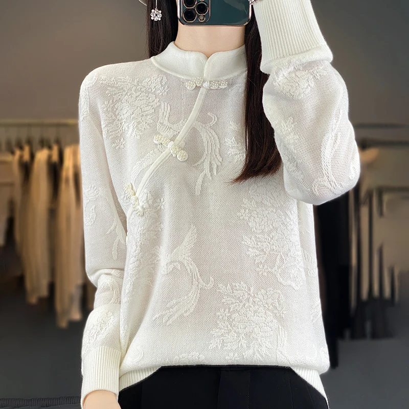 Heavyweight Spring and Autumn Fleece Lace Hollow Knitted Shirt Women's Half High Neck Chinese Button Loose Pullover Blouse
Heavyweight Spring and Autumn Fleece Lace Hollow Knitted Shirt Women's Half High Neck Chinese Button Loose Pullover Blouse