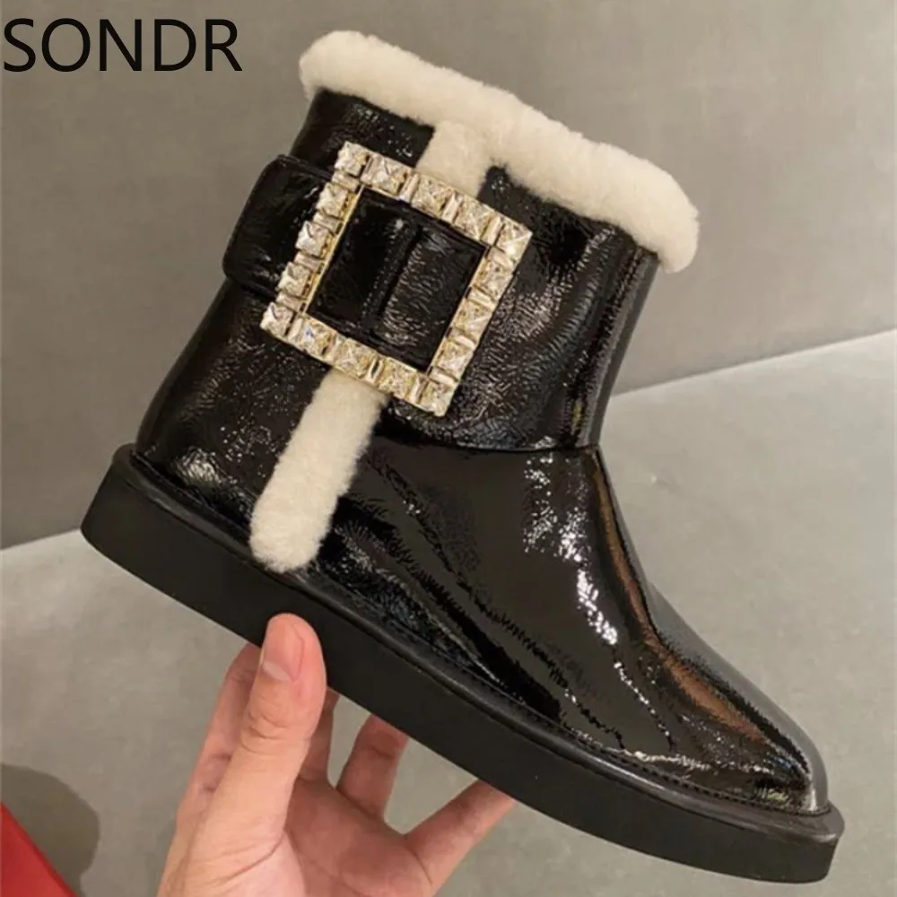 Womens Patent Leather Ankle Boots Rhinestones Buckle Warm Winter Snow Thick Flats Shoes Bling Black New 2024
Womens Patent Leather Ankle Boots Rhinestones Buckle Warm Winter Snow Thick Flats Shoes Bling Black New 2024