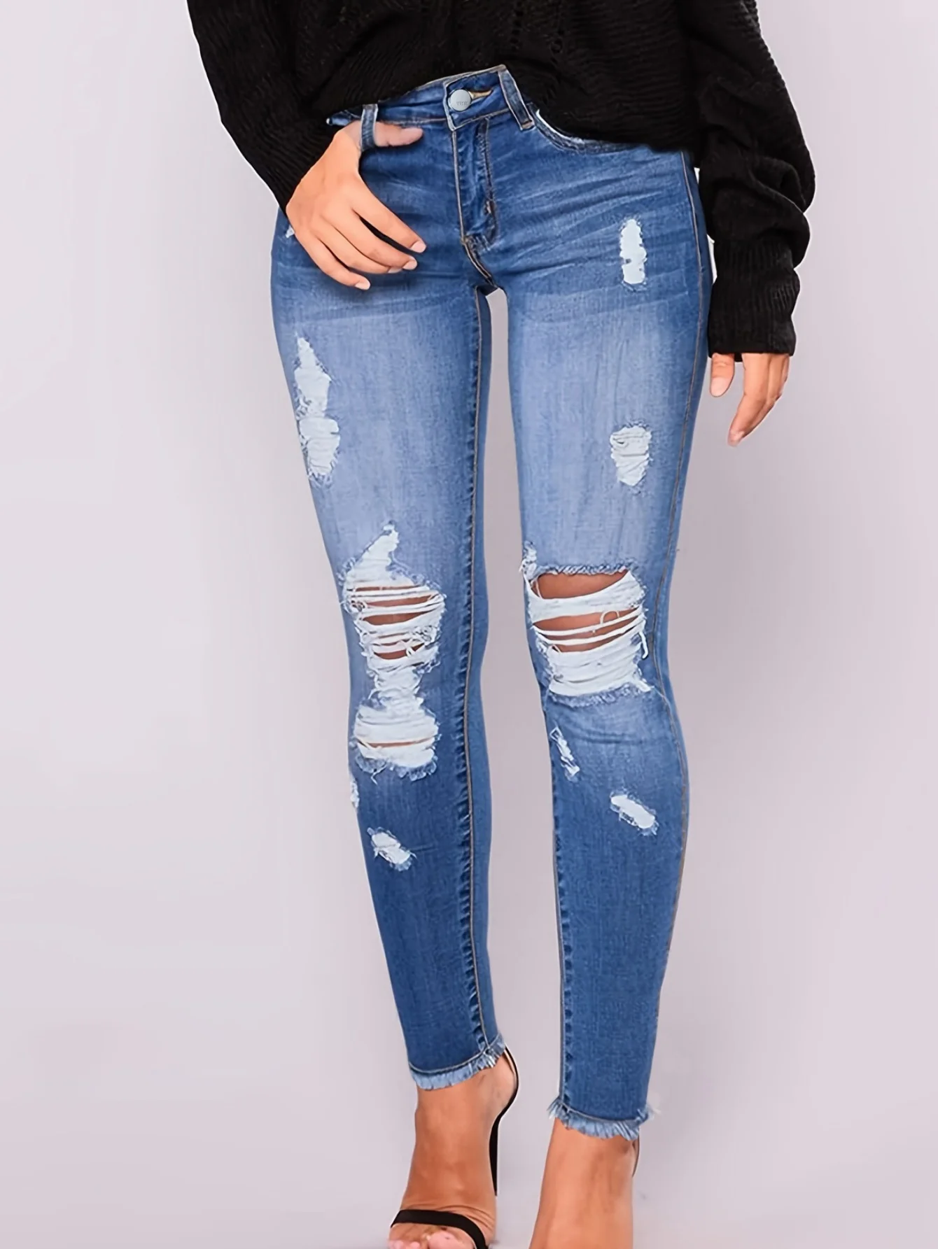 Women's blue ripped jeans casual elastic raw edge nine-point pants tight-fitting pants suitable for all seasons
Women's blue ripped jeans casual elastic raw edge nine-point pants tight-fitting pants suitable for all seasons