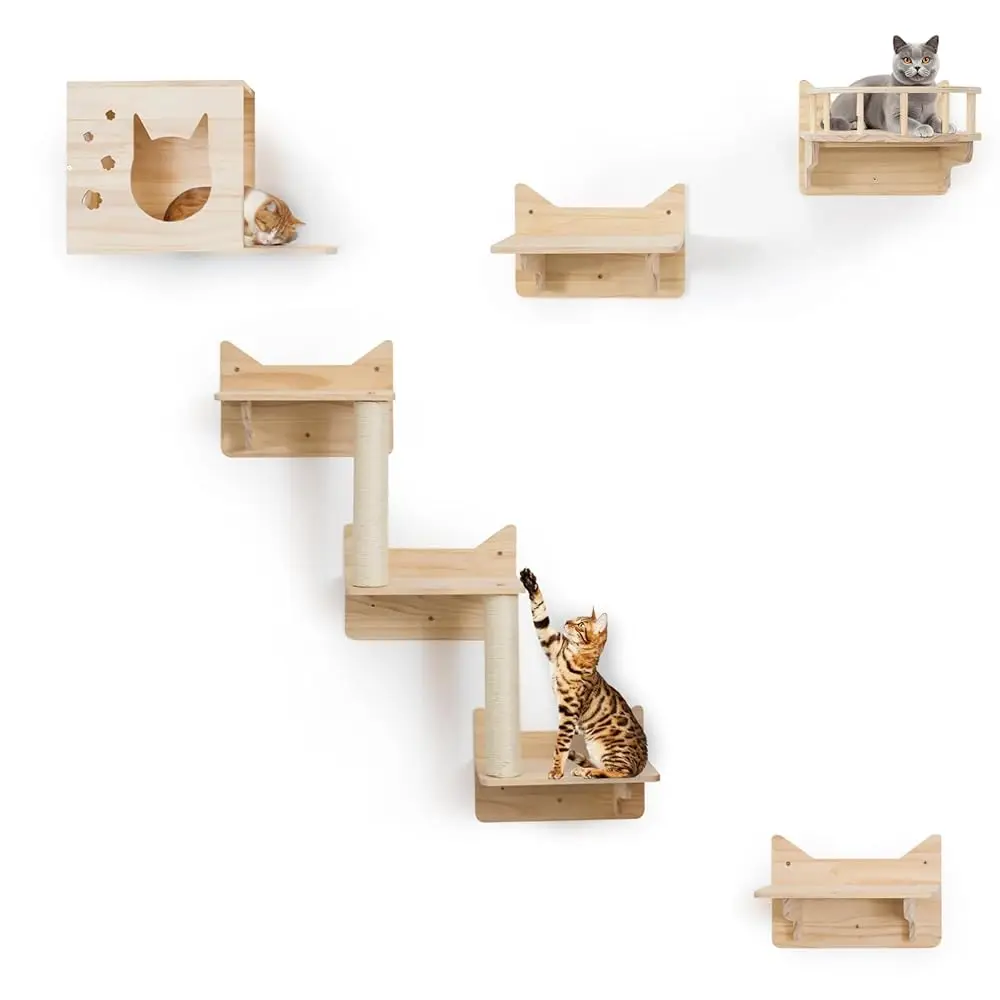 9-Piece Wall-Mounted Cat Shelves Set, House, Lookout Tower, 2 Sisal Scratching Posts, 5-Step Cat Wall Ladder, Pine Furniture,
9-Piece Wall-Mounted Cat Shelves Set, House, Lookout Tower, 2 Sisal Scratching Posts, 5-Step Cat Wall Ladder, Pine Furniture,