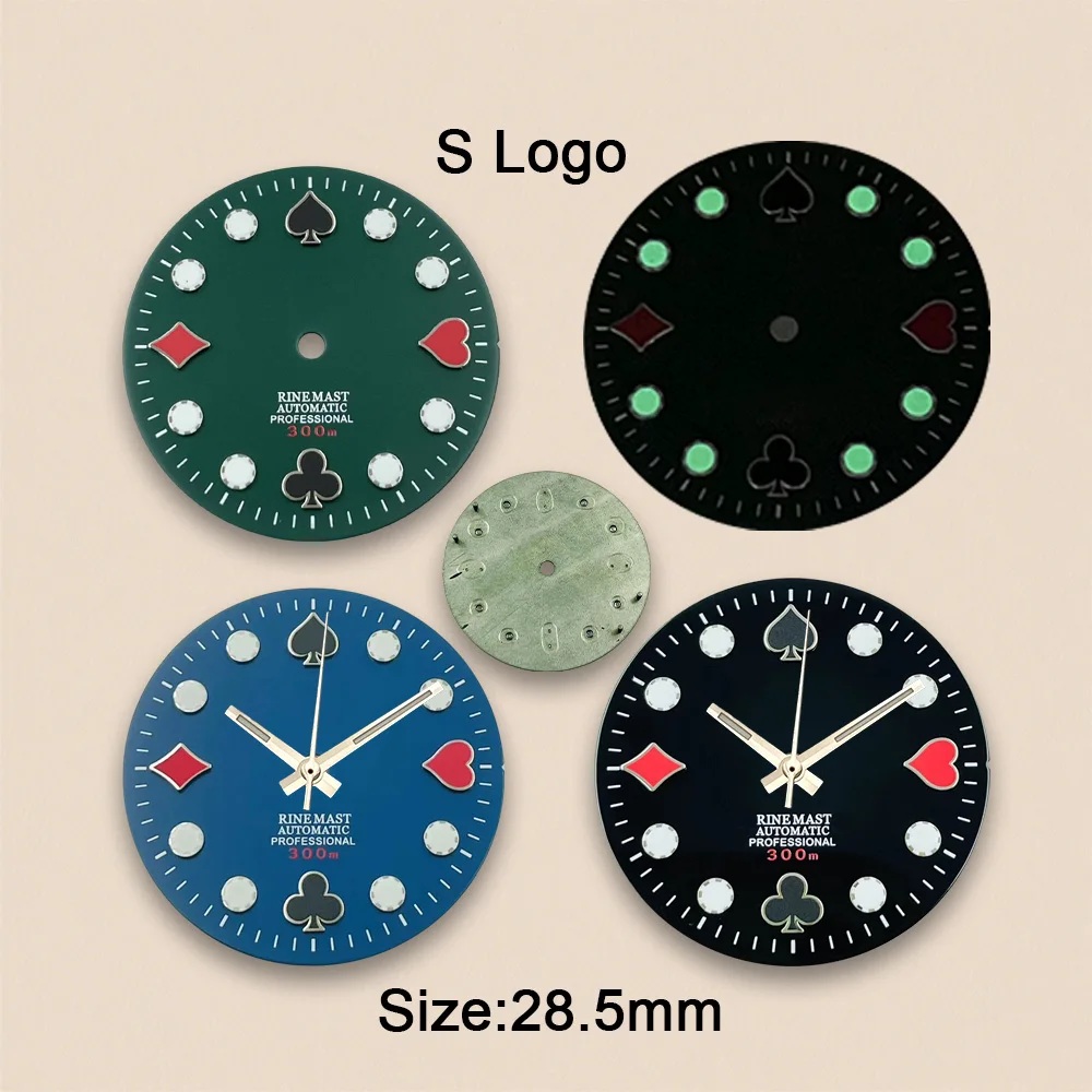 28.5mm S Logo Poker Dial Fit NH35/NH36/4R Japanese Movement Green Luminous Diving High-Quality Watch Modified Accessories
28.5mm S Logo Poker Dial Fit NH35/NH36/4R Japanese Movement Green Luminous Diving High-Quality Watch Modified Accessories