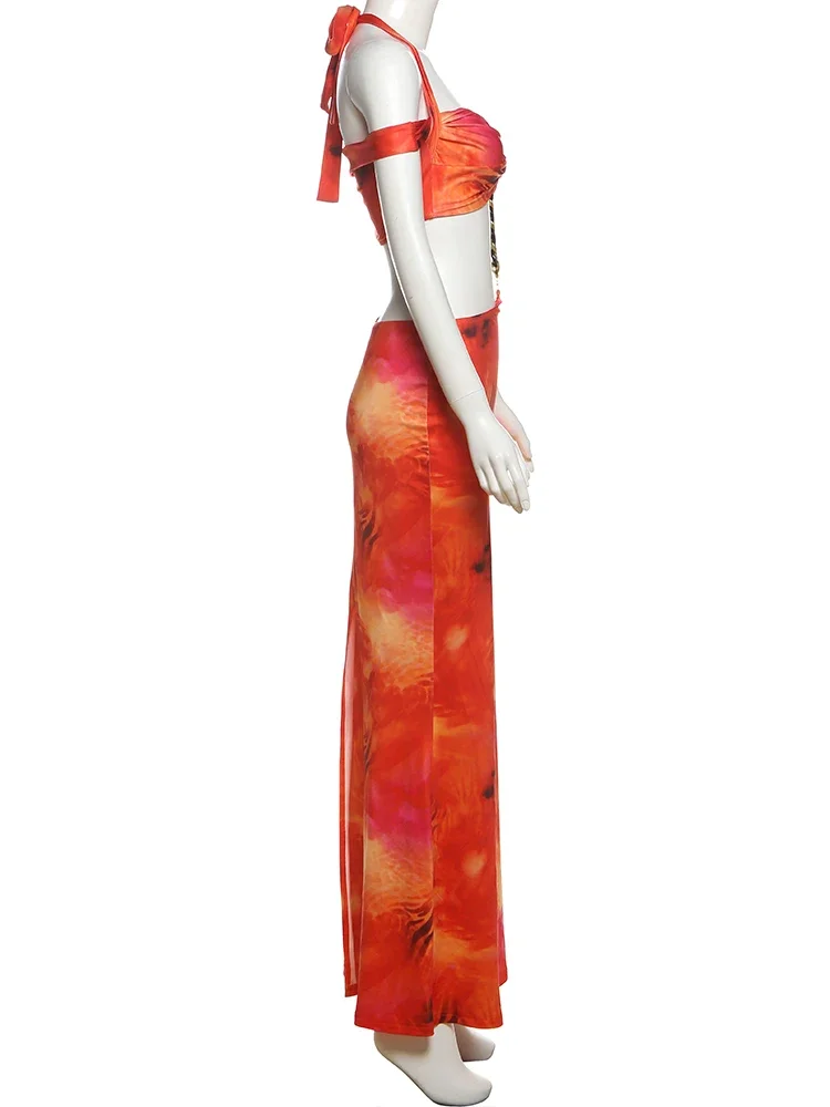 Sisterlinda Tie Dye Print 2 Piece Set Unique Chains Splice Halter Bandage Crop Top+Matching Maxi Skirts Mujer Festival Long Robe
Sisterlinda Tie Dye Print 2 Piece Set Unique Chains Splice Halter Bandage Crop Top+Matching Maxi Skirts Mujer Festival Long Robe