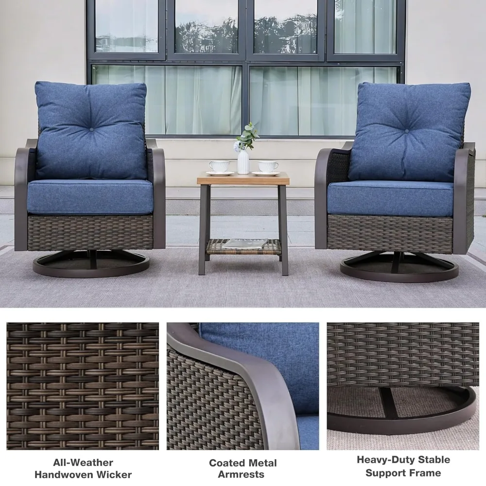 Outdoor Swivel Rocker Chairs, Wicker Swivel Rocking Chairs with 6'' Thick Cushions and Side Coffee Table, 3 Piece, Customized