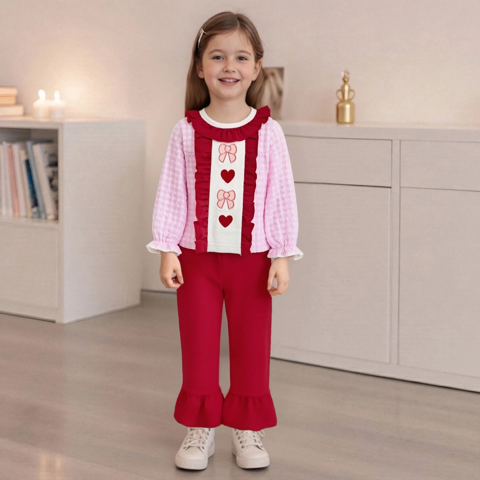 Kid Girls Pants Set, Short Sleeve Plaid Bow Heart T-shirt with Pants Valentines Day Clothes
Kid Girls Pants Set, Short Sleeve Plaid Bow Heart T-shirt with Pants Valentines Day Clothes