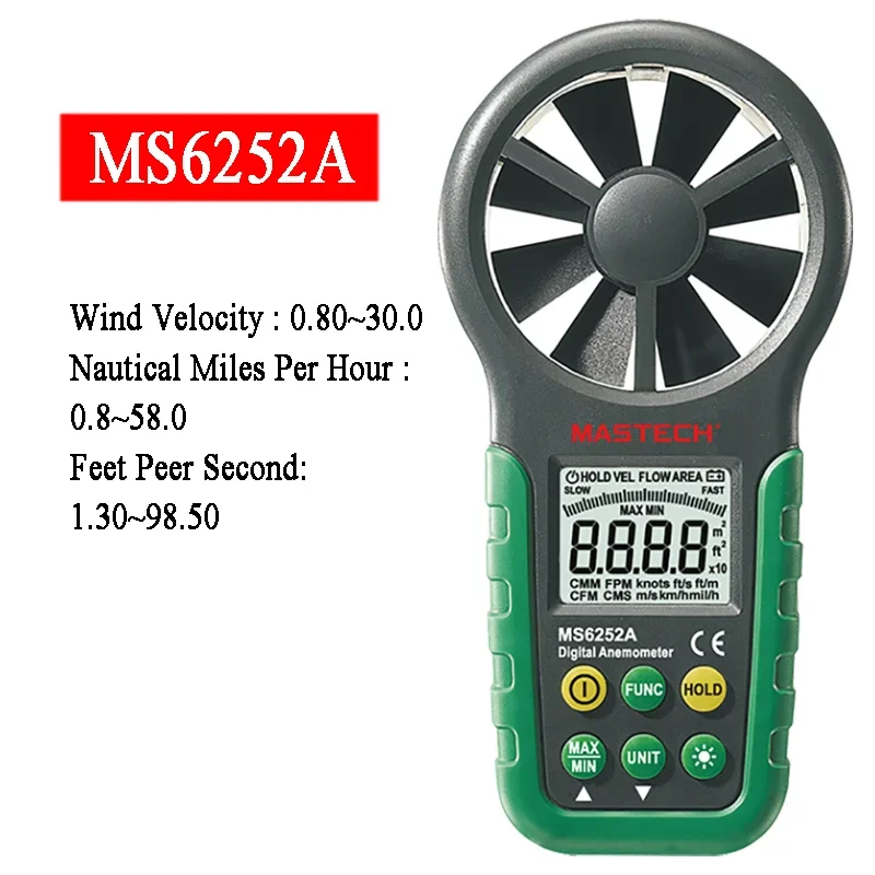 MASTECH Handheld Digital Anemometer Wind Speed Meter 0.001~ 9.999 Square Meters Air Flow Tester with Bar Graph MS6252A
MASTECH Handheld Digital Anemometer Wind Speed Meter 0.001~ 9.999 Square Meters Air Flow Tester with Bar Graph MS6252A