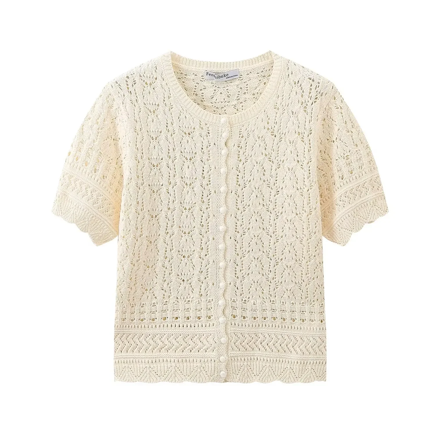 Women's new fashion pearl buckle decoration jacquard mesh knitted coat retro O Neck short sleeved women's pullover chic top
Women's new fashion pearl buckle decoration jacquard mesh knitted coat retro O Neck short sleeved women's pullover chic top