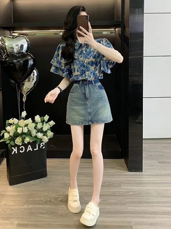 Summer Outfit Short Sleeve Blouse And Denim Skirt Two Piece Set Women's Fashion Design Sensation Anti-Aging Cotton Blend
Summer Outfit Short Sleeve Blouse And Denim Skirt Two Piece Set Women's Fashion Design Sensation Anti-Aging Cotton Blend