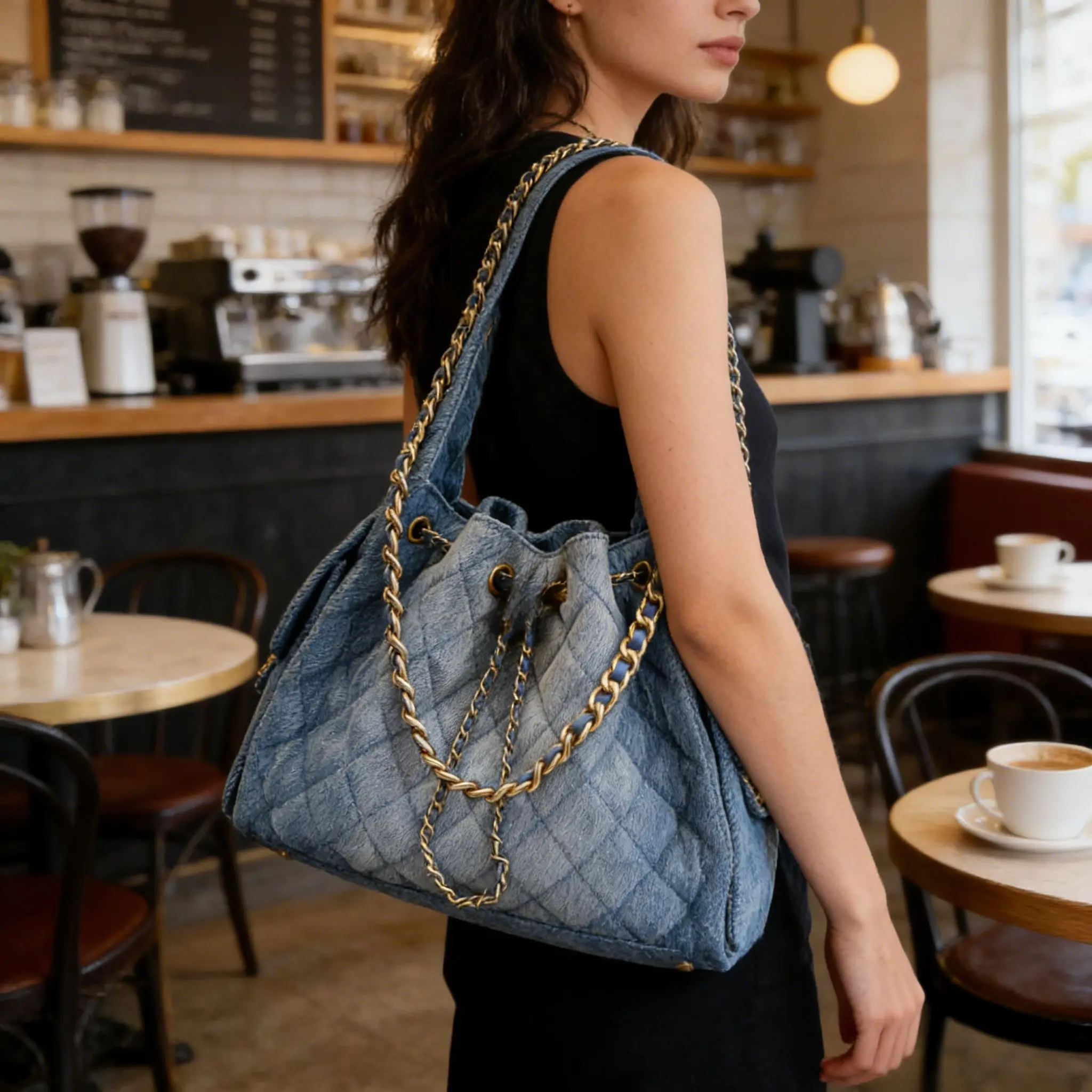 Denim Quilted Drawstring Tote Bag Women Style Gold Chain Shoulder Handbag Luxury Bag.
Denim Quilted Drawstring Tote Bag Women Style Gold Chain Shoulder Handbag Luxury Bag.